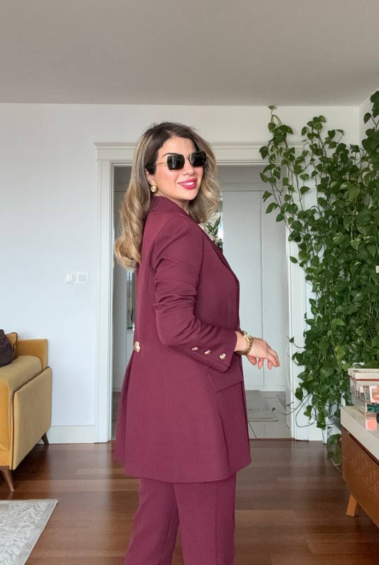 GOLD DÜĞME DETAYLI OVERSIZE TAKIM – BORDO