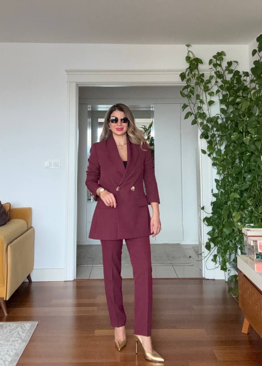 GOLD DÜĞME DETAYLI OVERSIZE TAKIM – BORDO