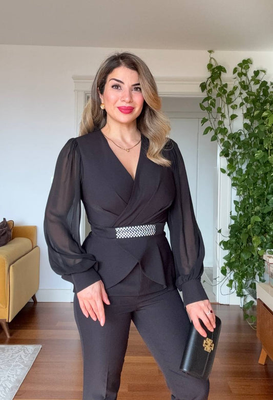 TAŞ KEMER DETAYLI TAKIM - SİYAH