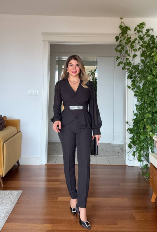 TAŞ KEMER DETAYLI TAKIM - SİYAH