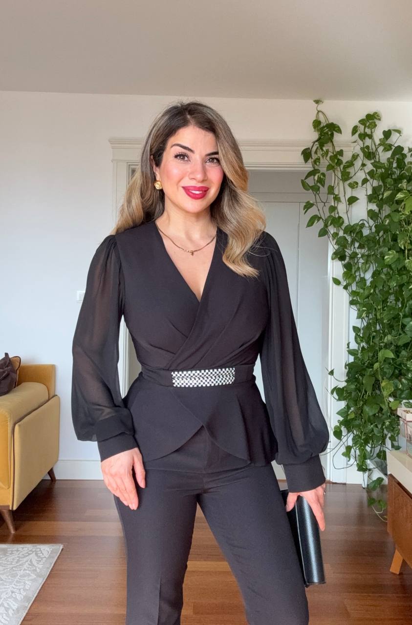 TAŞ KEMER DETAYLI TAKIM - SİYAH