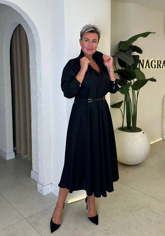 KEMER DETAYLI GÖMLEK YAKA DÖKÜMLÜ MİDİ ELBİSE – SİYAH (Büyük Beden)