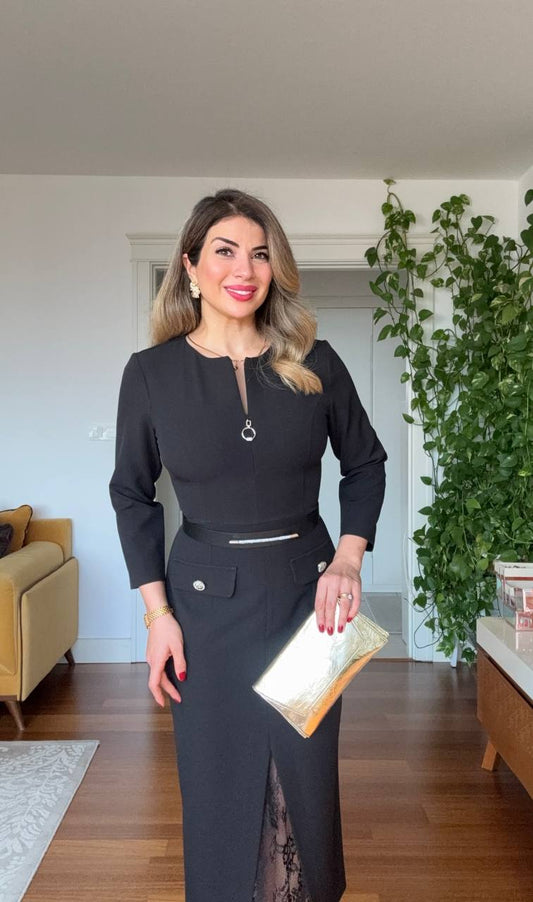 FERMUAR DETAYLI DANTEL YIRTMAÇLI MİDİ ELBİSE – SİYAH