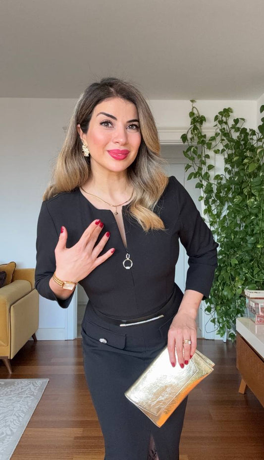 FERMUAR DETAYLI DANTEL YIRTMAÇLI MİDİ ELBİSE – SİYAH