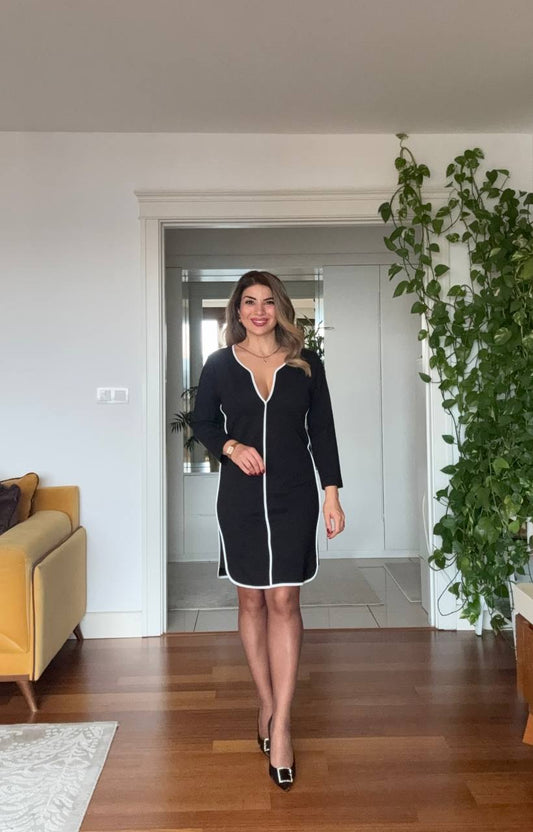 KONTRAST BİYELİ V YAKA UZUN KOLLU MİDİ ELBİSE – SİYAH