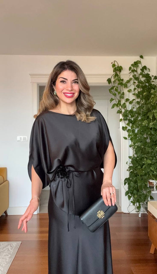 SATEN DOKULU BEL BAĞLAMALI YARASA KOL TAKIM – SİYAH