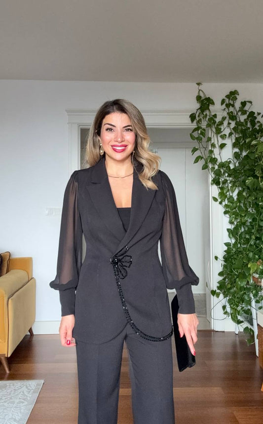 TAŞ DETAYLI ŞİFON KOL TAKIM - SİYAH