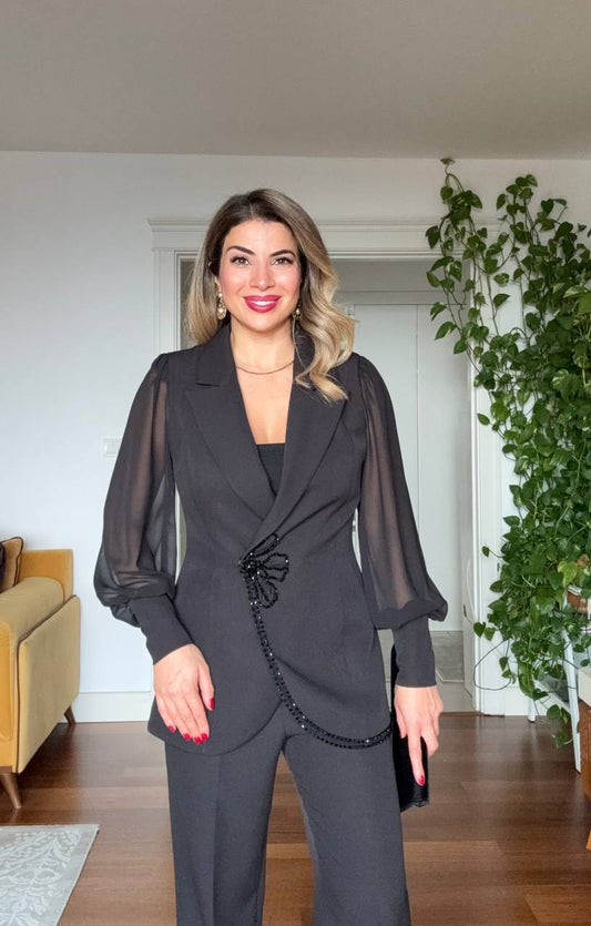 TAŞ DETAYLI ŞİFON KOL TAKIM - SİYAH