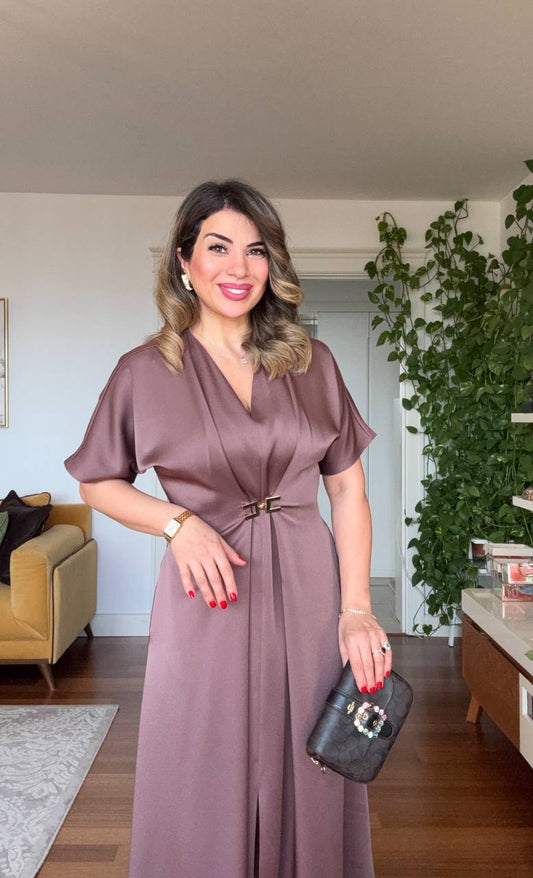 GOLD TOKA DETAYLI KISA KOL MİDİ ELBİSE - MOKA KAHVE
