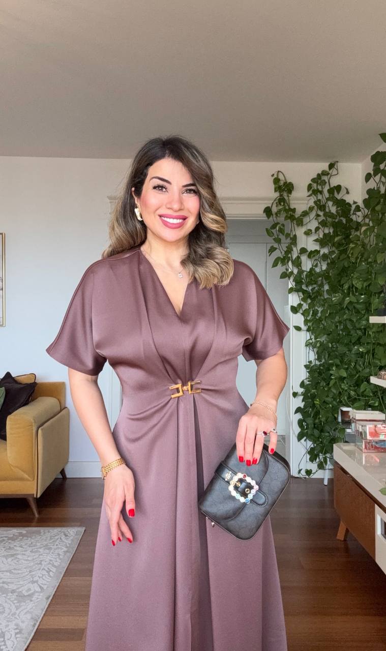 GOLD TOKA DETAYLI KISA KOL MİDİ ELBİSE - MOKA KAHVE