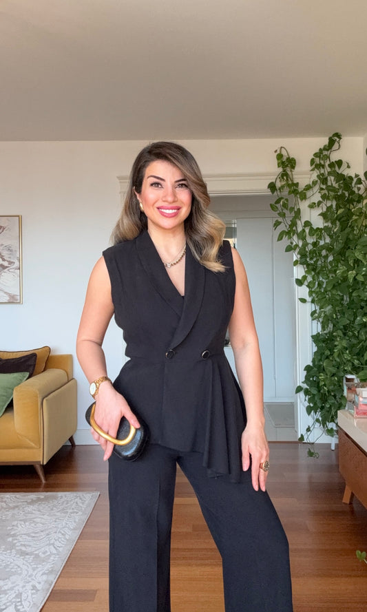 ASİMETRİK KESİM PREMİUM KOLSUZ TAKIMI - SİYAH