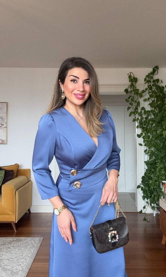 GOLD DÜĞME DETAYLI ELBİSE -İNDİGO