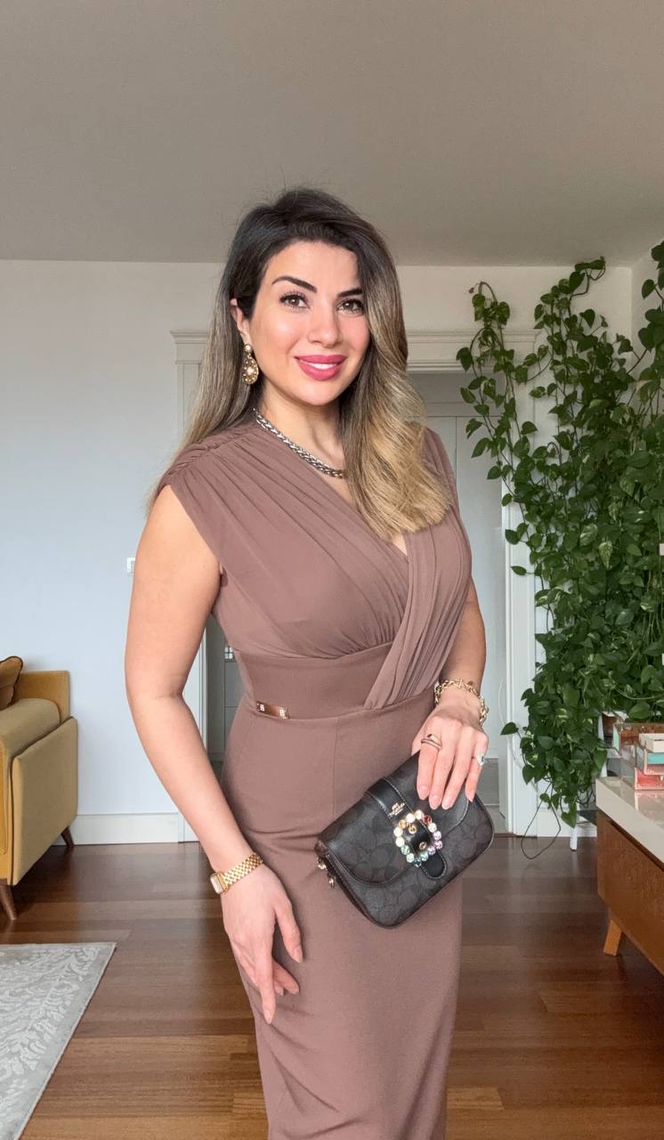 ZARİF V YAKA MIDI ELBİSE - KAHVE