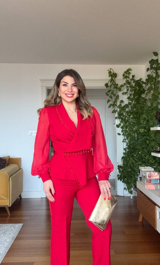 KOLU TÜL DETAYLI TAŞLI TAKIM - KIRMIZI