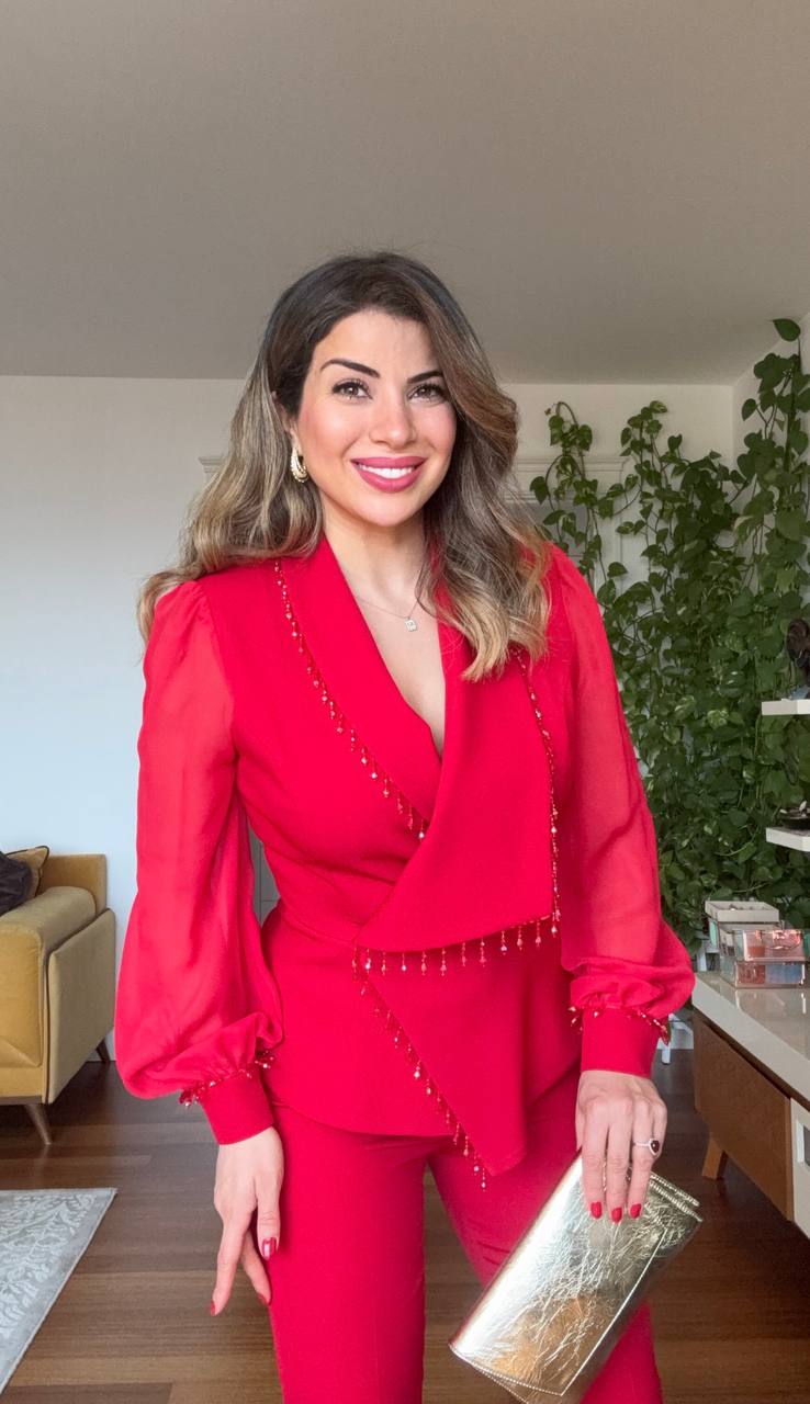 KOLU TÜL DETAYLI TAŞLI TAKIM - KIRMIZI