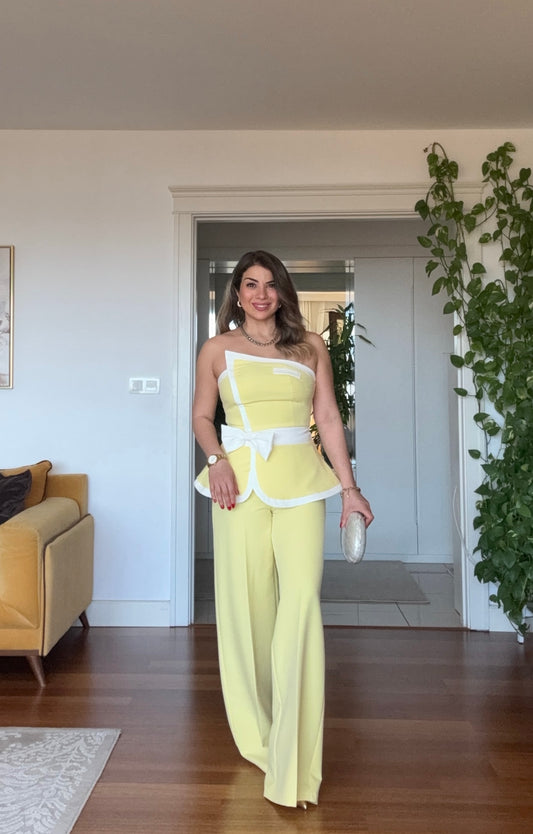PEPLUM DETAYLI STRAPLEZ TAKIM - LİMON SARISI