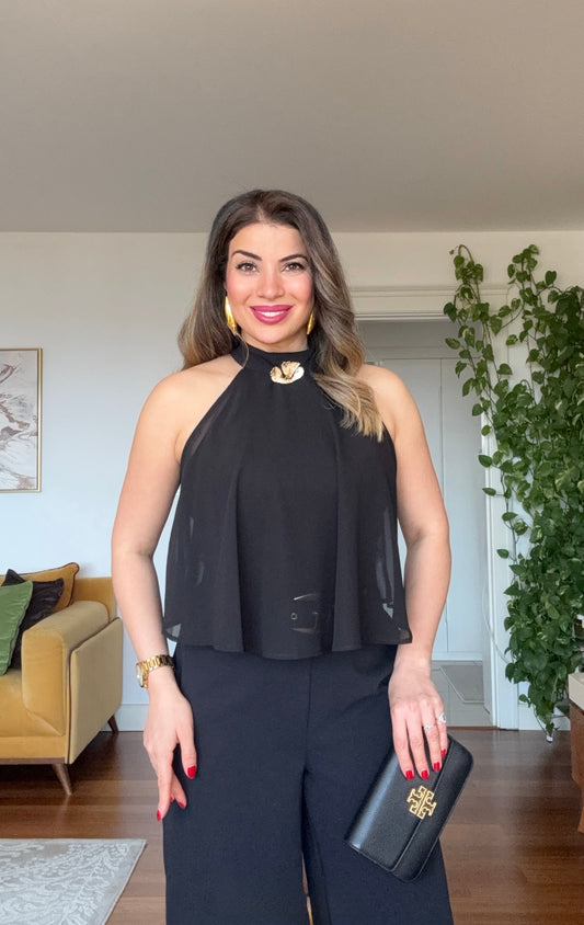 GOLD AKSESUAR DETAYLI HALTER YAKA TULUM - SİYAH