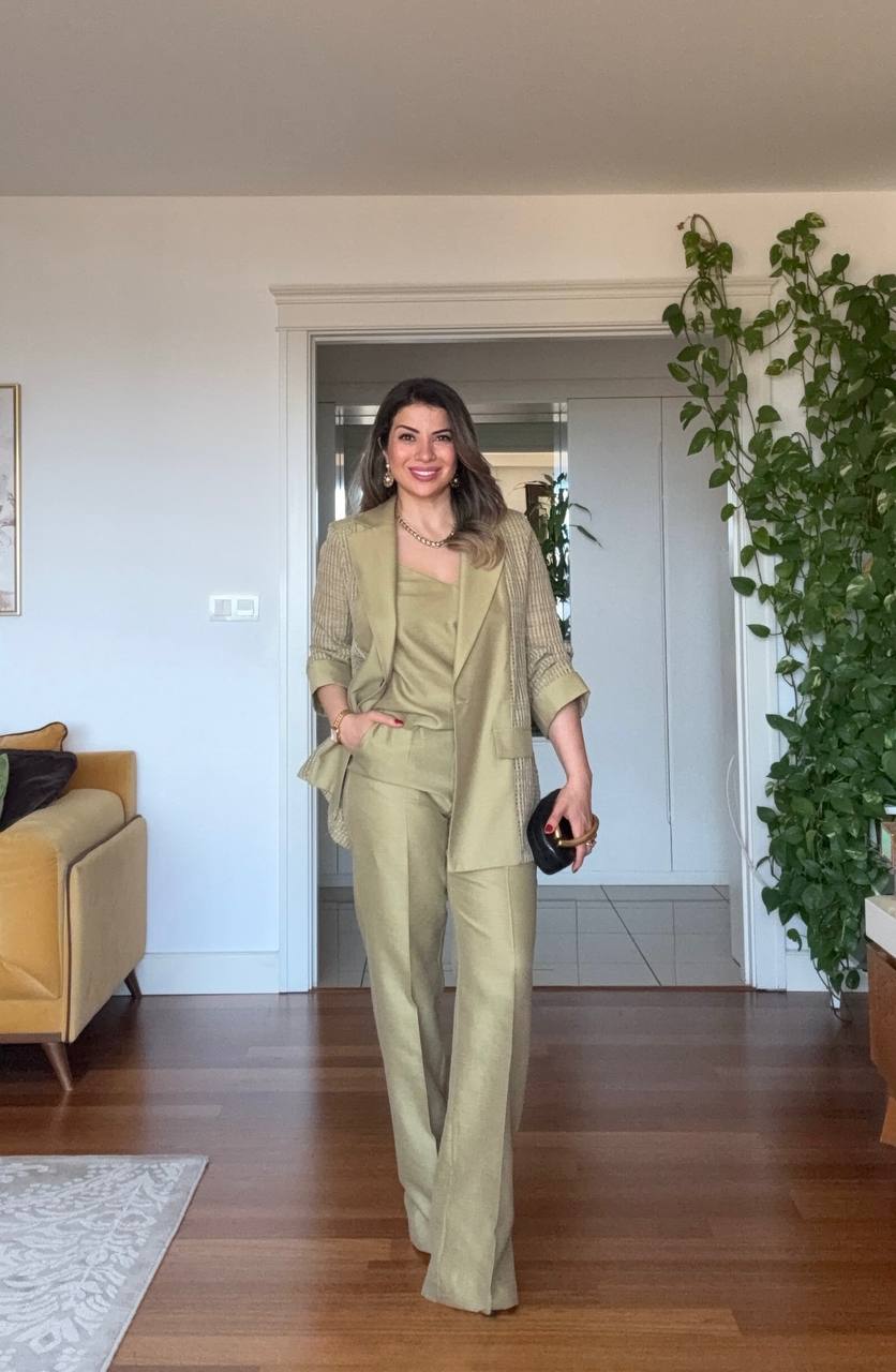 KETEN DOKULU DETAYLI BLAZER TAKIM - AÇIK YEŞİL