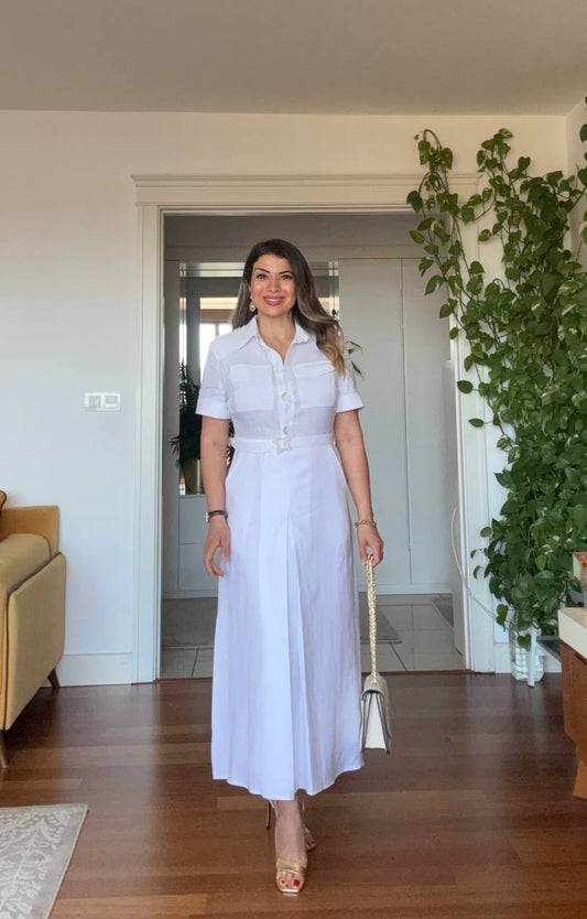 PRENSES MODEL PARLAK GÖMLEK ELBİSE -BEYAZ