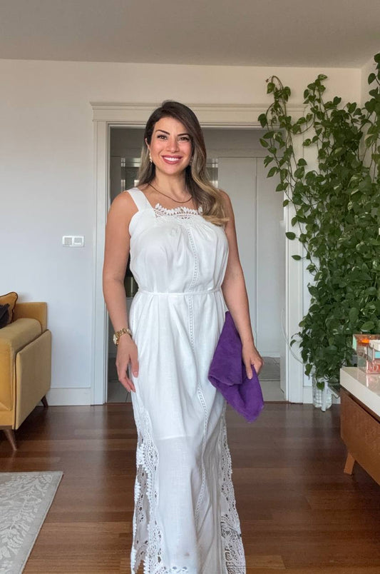 DANTEL DETAYLI MIDI ELBISE - BEYAZ
