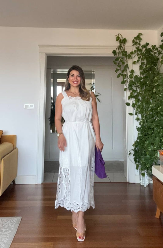 DANTEL DETAYLI MIDI ELBISE - BEYAZ