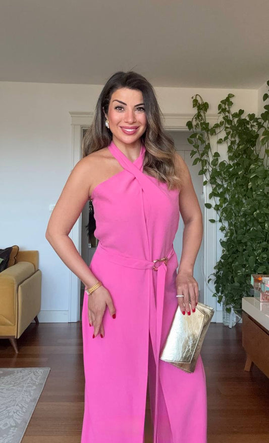 HALTER YAKA KUŞAKLI GENİŞ PAÇA TULUM - PEMBE
