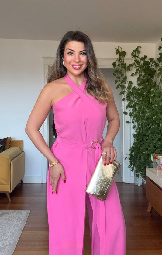 HALTER YAKA KUŞAKLI GENİŞ PAÇA TULUM - PEMBE