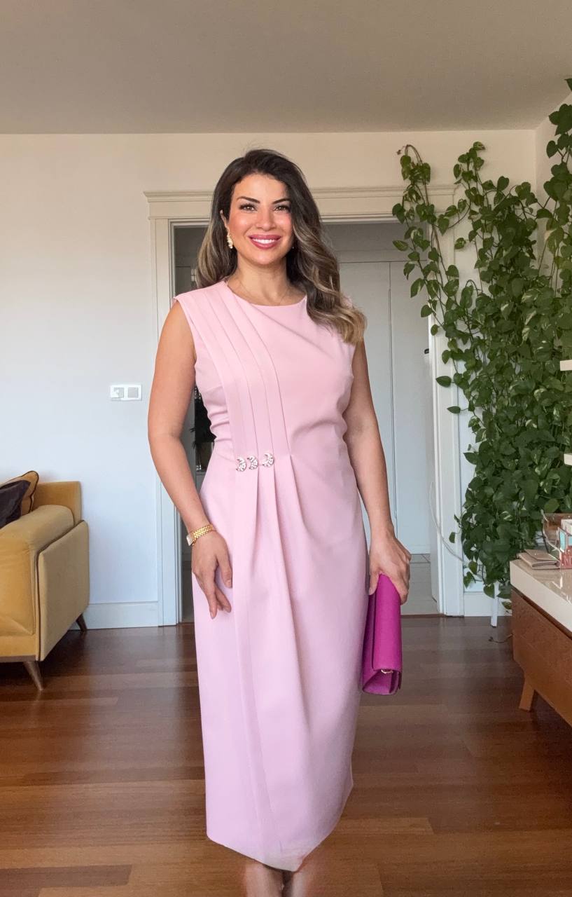 VATKA DETAYLI PILELI MIDI ELBISE - TOZ PEMBE
