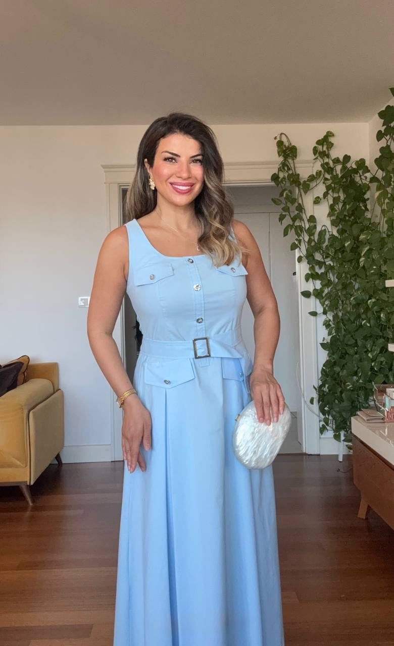 KARE YAKA KEMERLI DÜĞME DETAYLI MIDI ELBISE - BEBE MAVİ