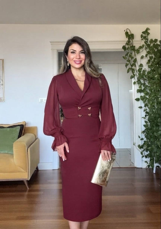 ÇİFT DÜĞMELİ ELBİSE - BORDO