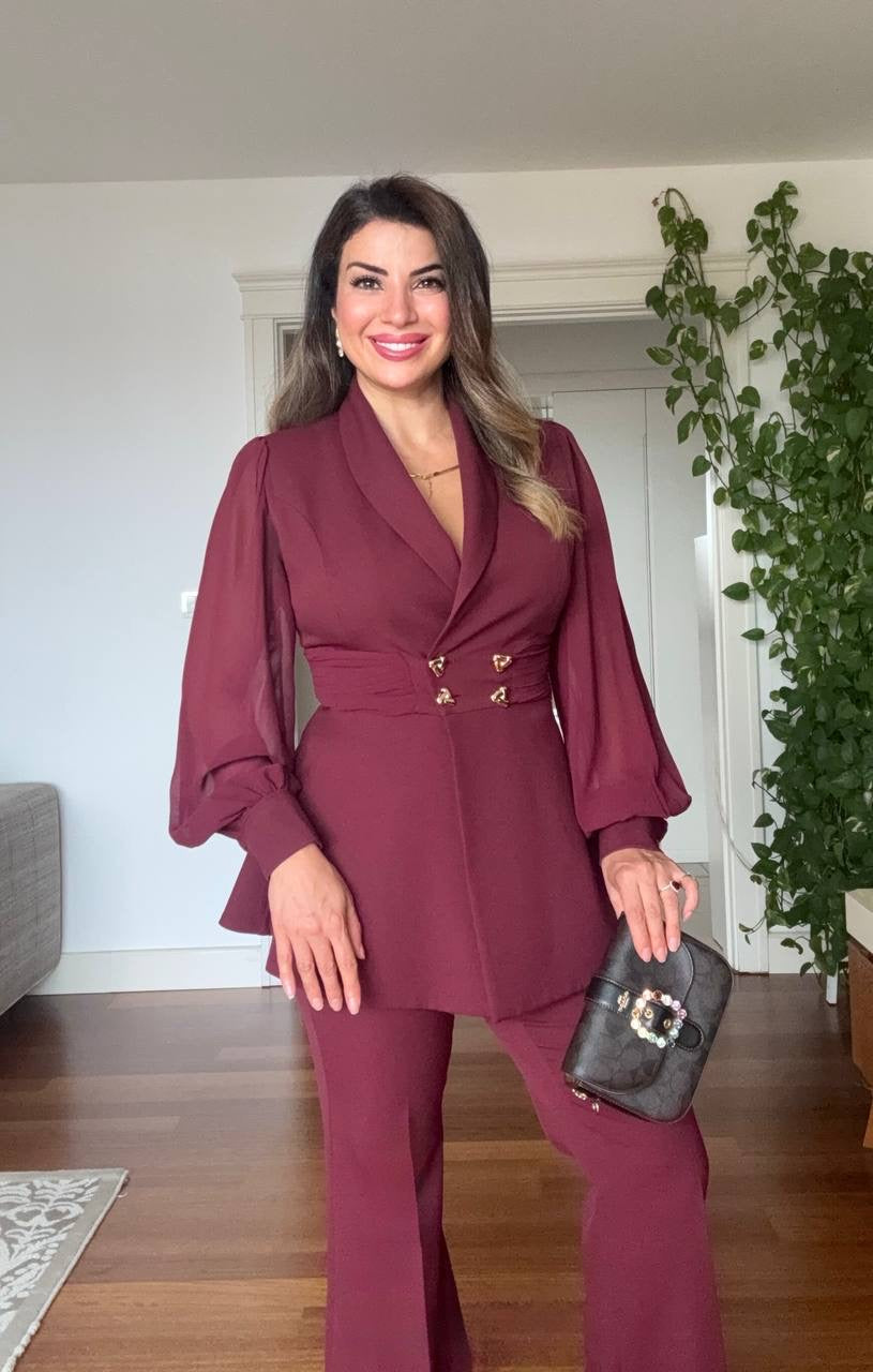 BALON KOL KEMERLİ CEKETLİ TAKIM - BORDO