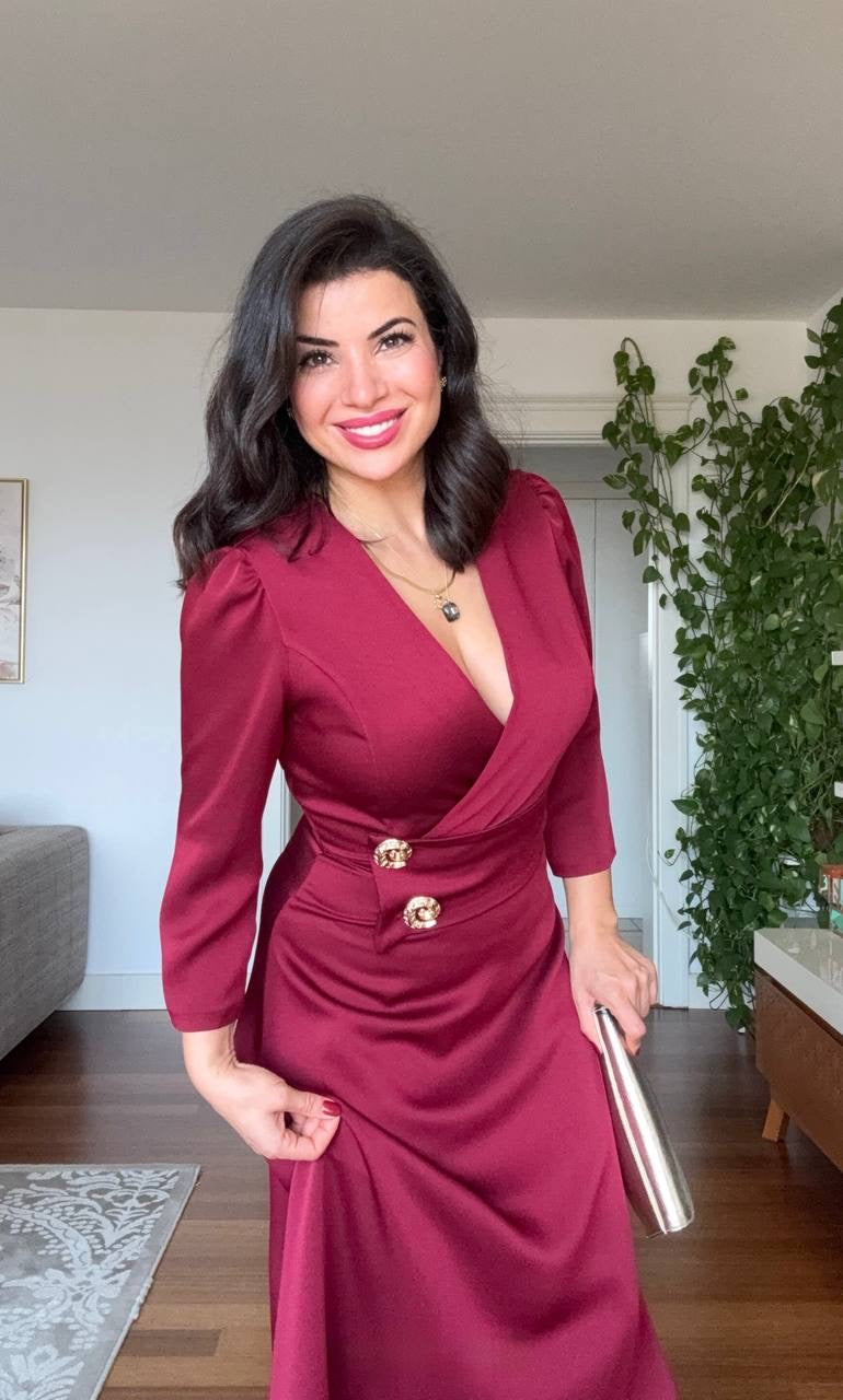 GOLD DÜĞME DETAYLI ELBİSE - BORDO