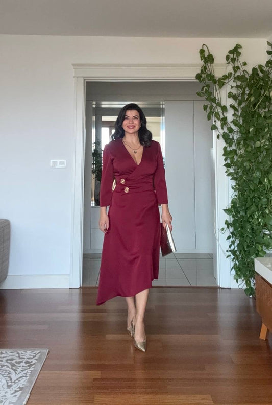 GOLD DÜĞME DETAYLI ELBİSE - BORDO