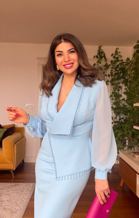 KOLU TÜL DETAYLI TAŞLI ELBİSE - BEBE MAVİ