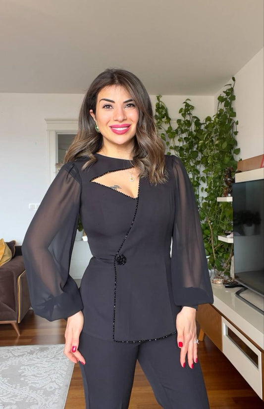 YAKASI ASİMETRİK KESİM TAKIM - SİYAH