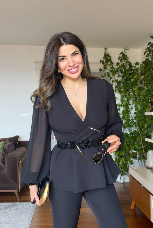 V YAKA KEMERLİ TAKIM - SİYAH