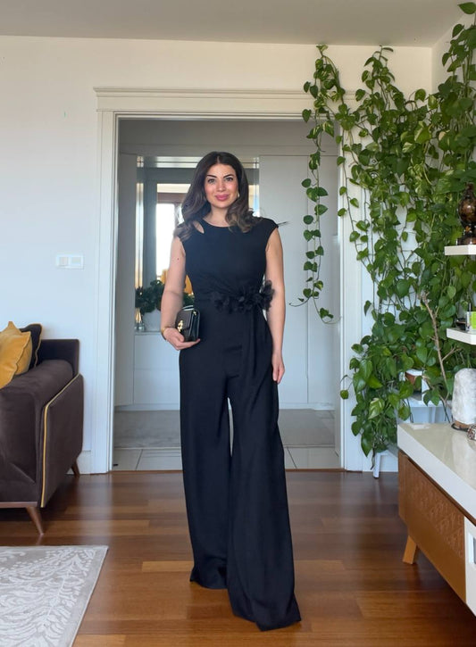 BELİ ÇİÇEK DETAYLI TULUM - SİYAH