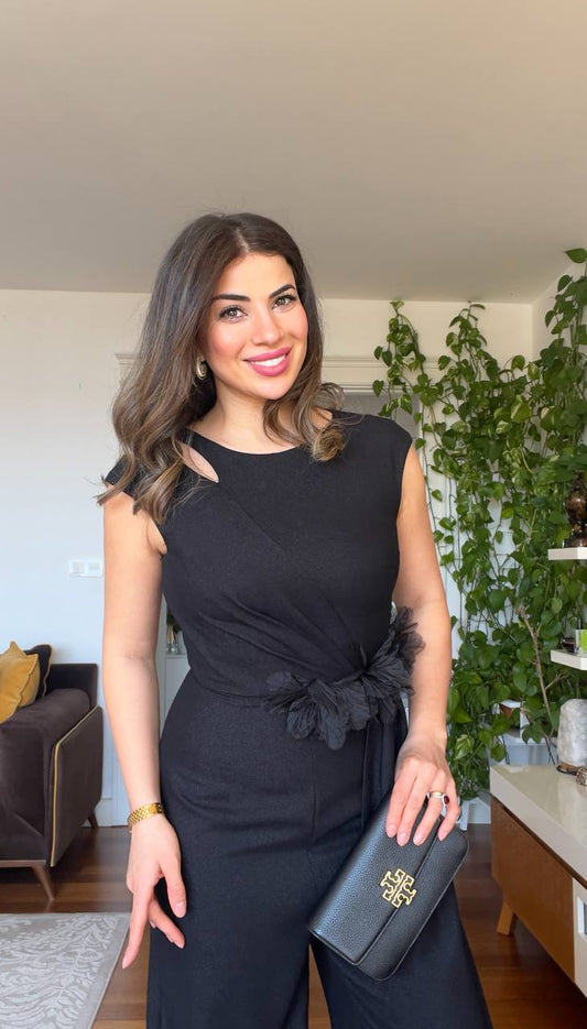 BELİ ÇİÇEK DETAYLI TULUM - SİYAH