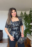 KEMERLİ PARLAK DESENLİ BLUZ & PANTOLON TAKIM - SİYAH