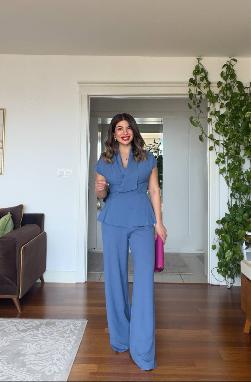 DOKULU ÇİZGİLİ PEPLUM YELEK TAKIM – İNDİGO