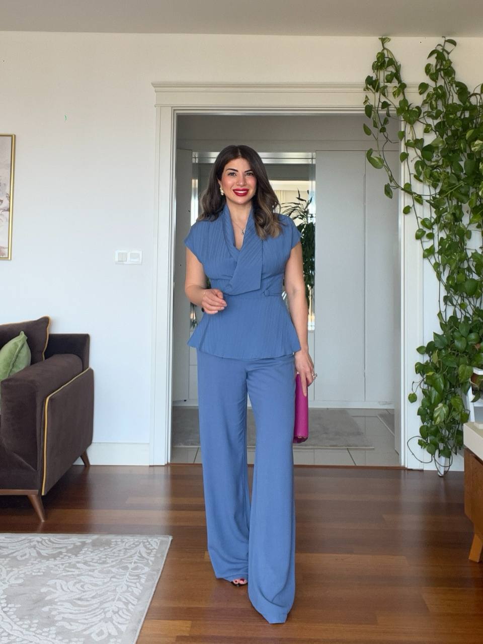 DOKULU ÇİZGİLİ PEPLUM YELEK TAKIM – İNDİGO