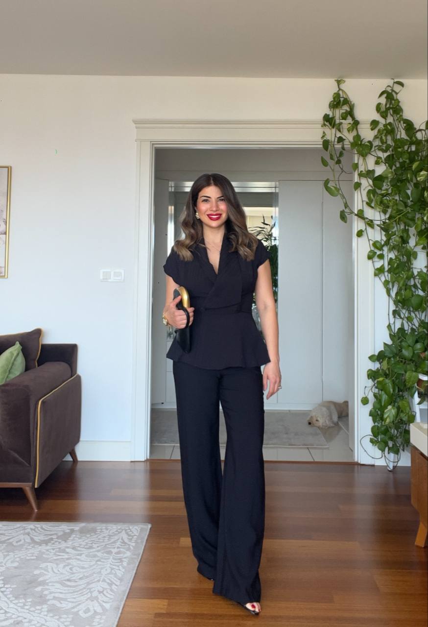 DOKULU ÇİZGİLİ PEPLUM YELEK TAKIM – SİYAH