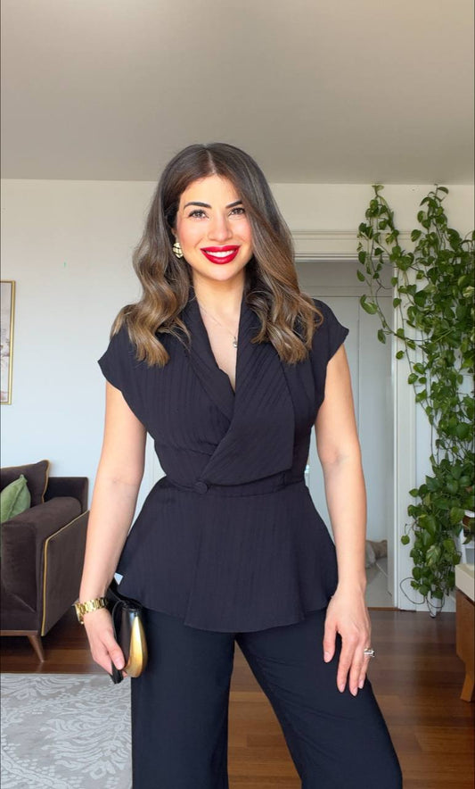 DOKULU ÇİZGİLİ PEPLUM YELEK TAKIM – SİYAH