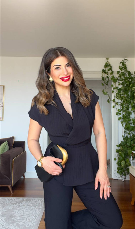 DOKULU ÇİZGİLİ PEPLUM YELEK TAKIM – SİYAH