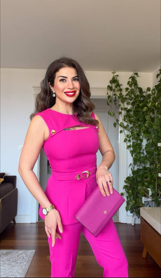 OMUZ GOLD DÜĞME DETAYLI PEPLUM TAKIM – FUŞYA