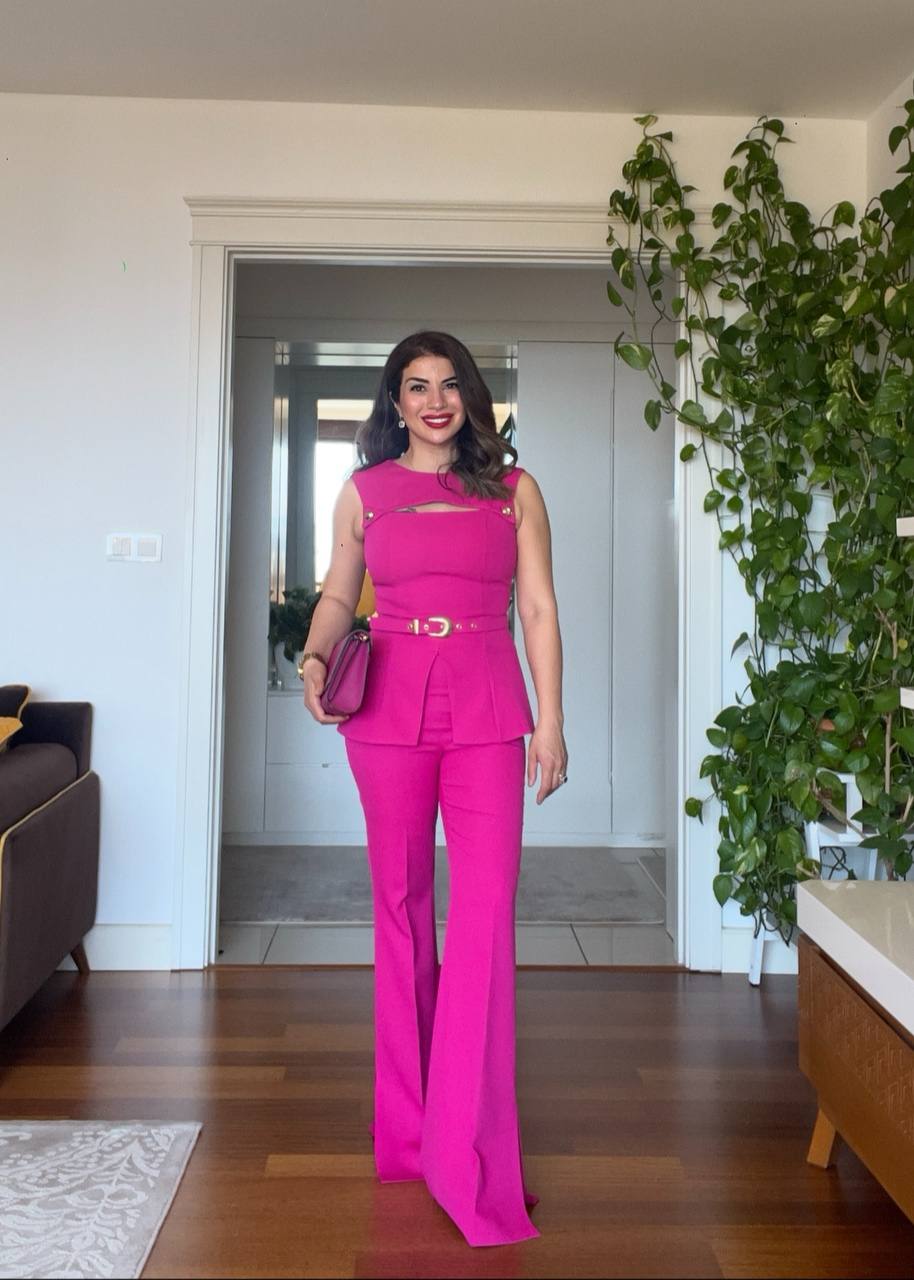OMUZ GOLD DÜĞME DETAYLI PEPLUM TAKIM – FUŞYA