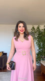 İNCİ TOKALI V YAKA MİDİ ELBİSE - PUDRA