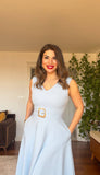 İNCİ TOKALI V YAKA MİDİ ELBİSE - BEBE MAVİ