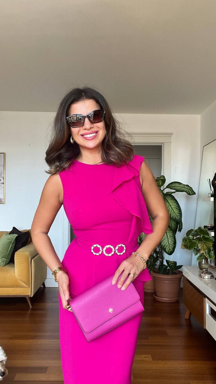 İNCİ TOKA DETAYLI PEPLUM MİDİ ELBİSE - FUŞYA