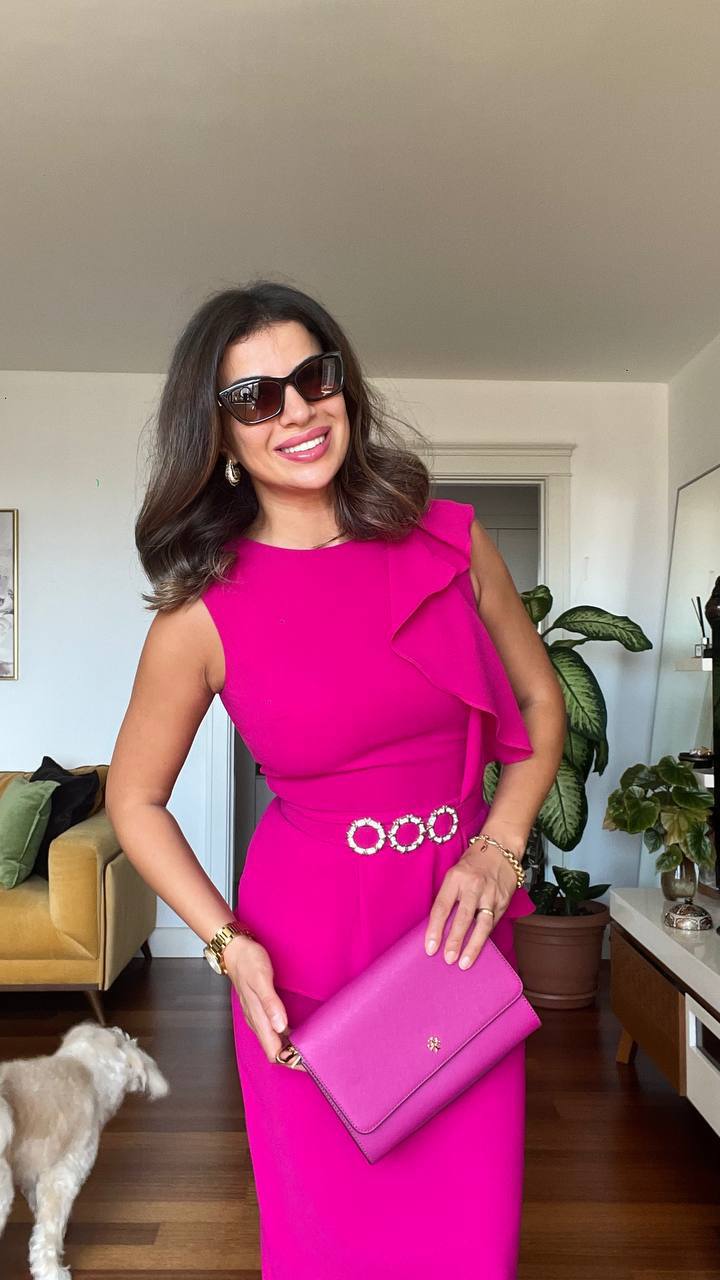İNCİ TOKA DETAYLI PEPLUM MİDİ ELBİSE - FUŞYA